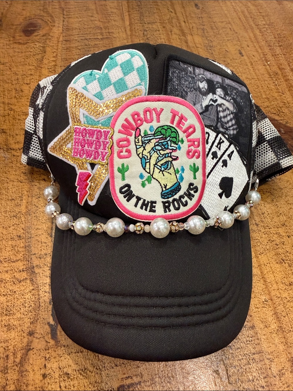 Adult Black Patchwork Trucker Hat with Pink Cowboy Tears Patch